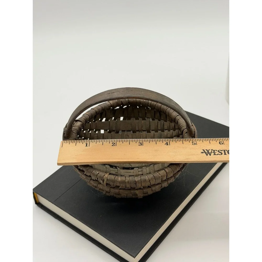 Vintage Primitive Miniature Woven Splint Basket with Bentwood Handle